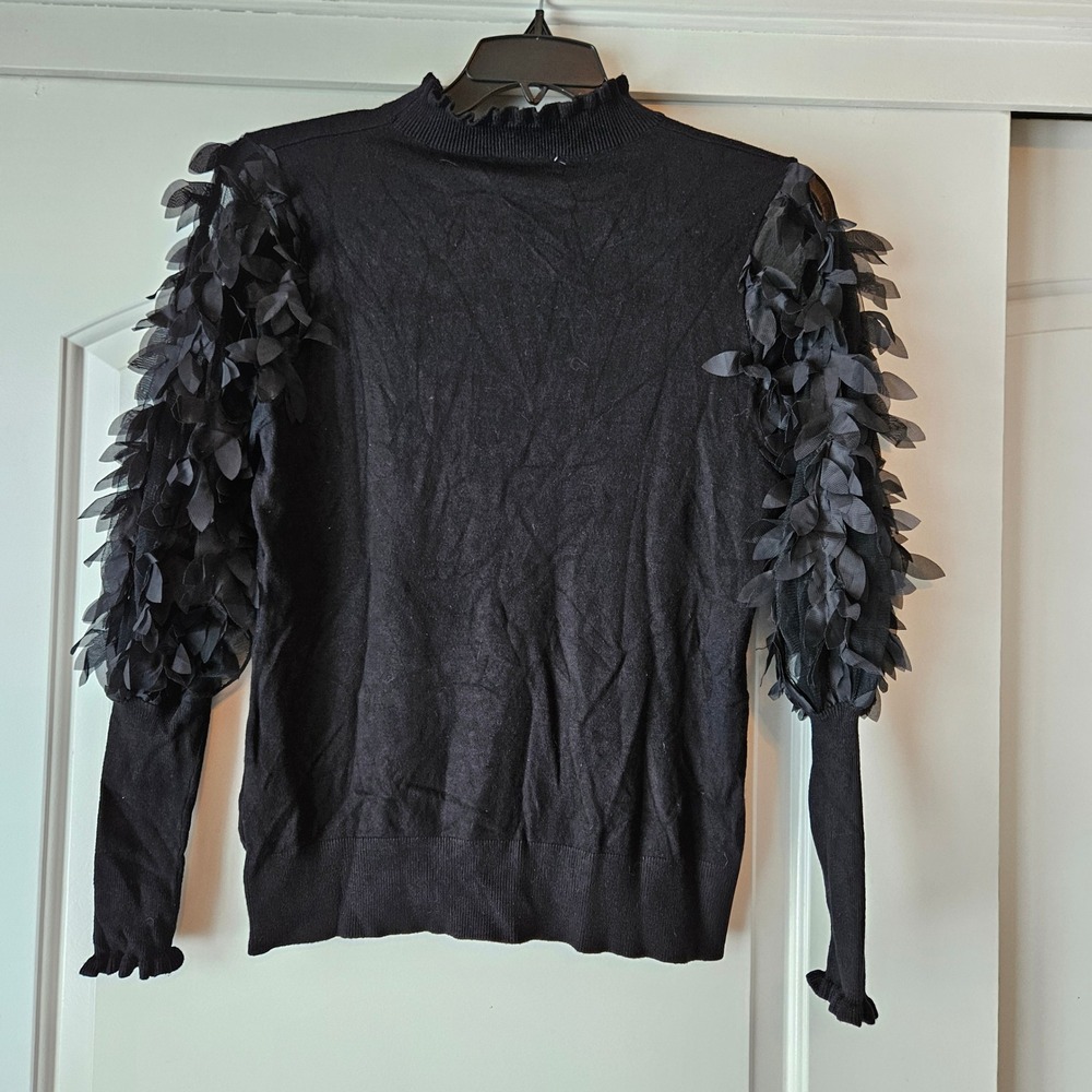 Sioni Milano Black Sweater Large Mock Neck Petal Dark Romantic Goth Whimsigoth